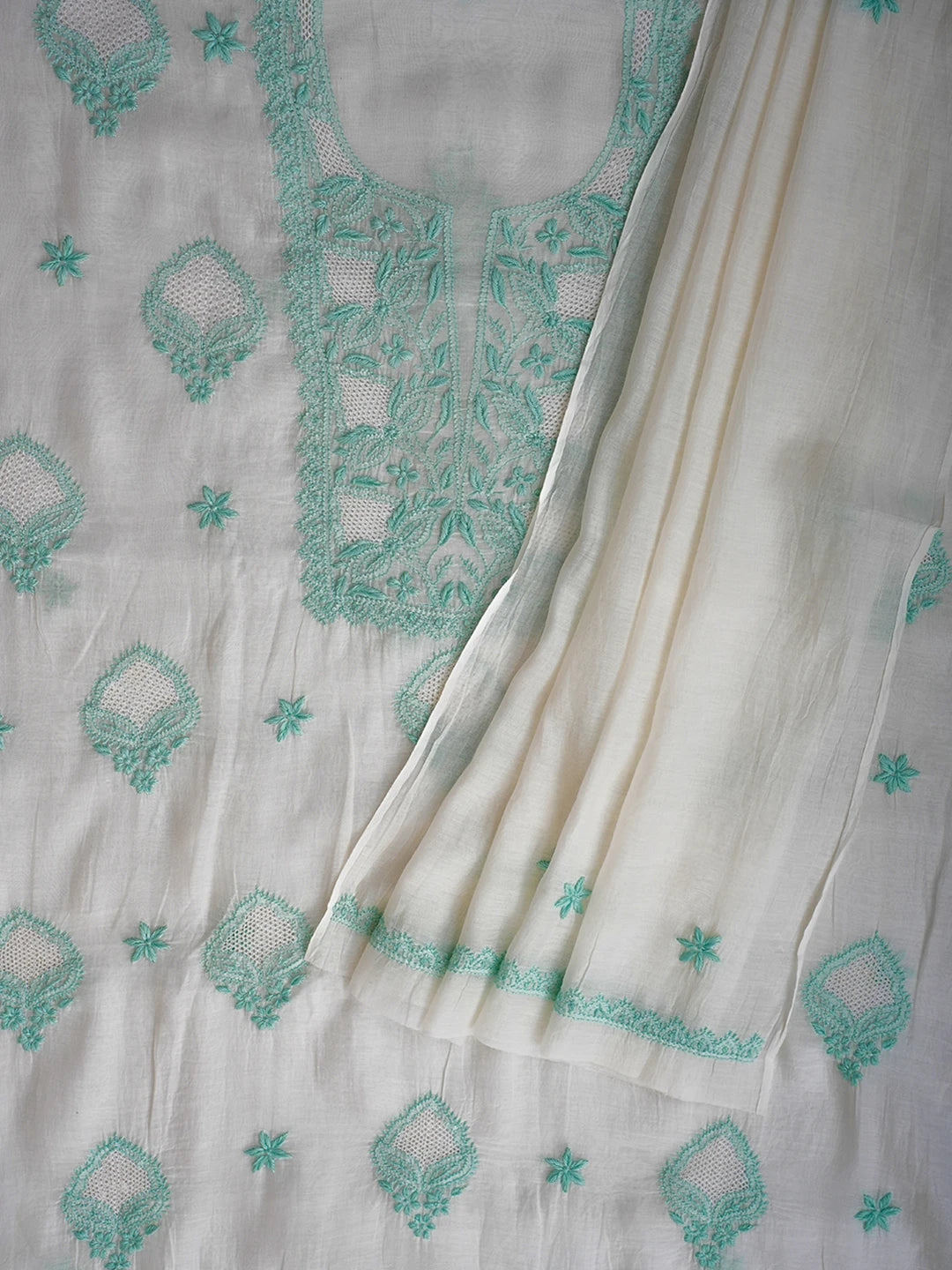Ada Hand Embroidered White Baby powder Chanderi Lucknowi Chikankari Unstitched Kurta Dupatta Set 01A708659
