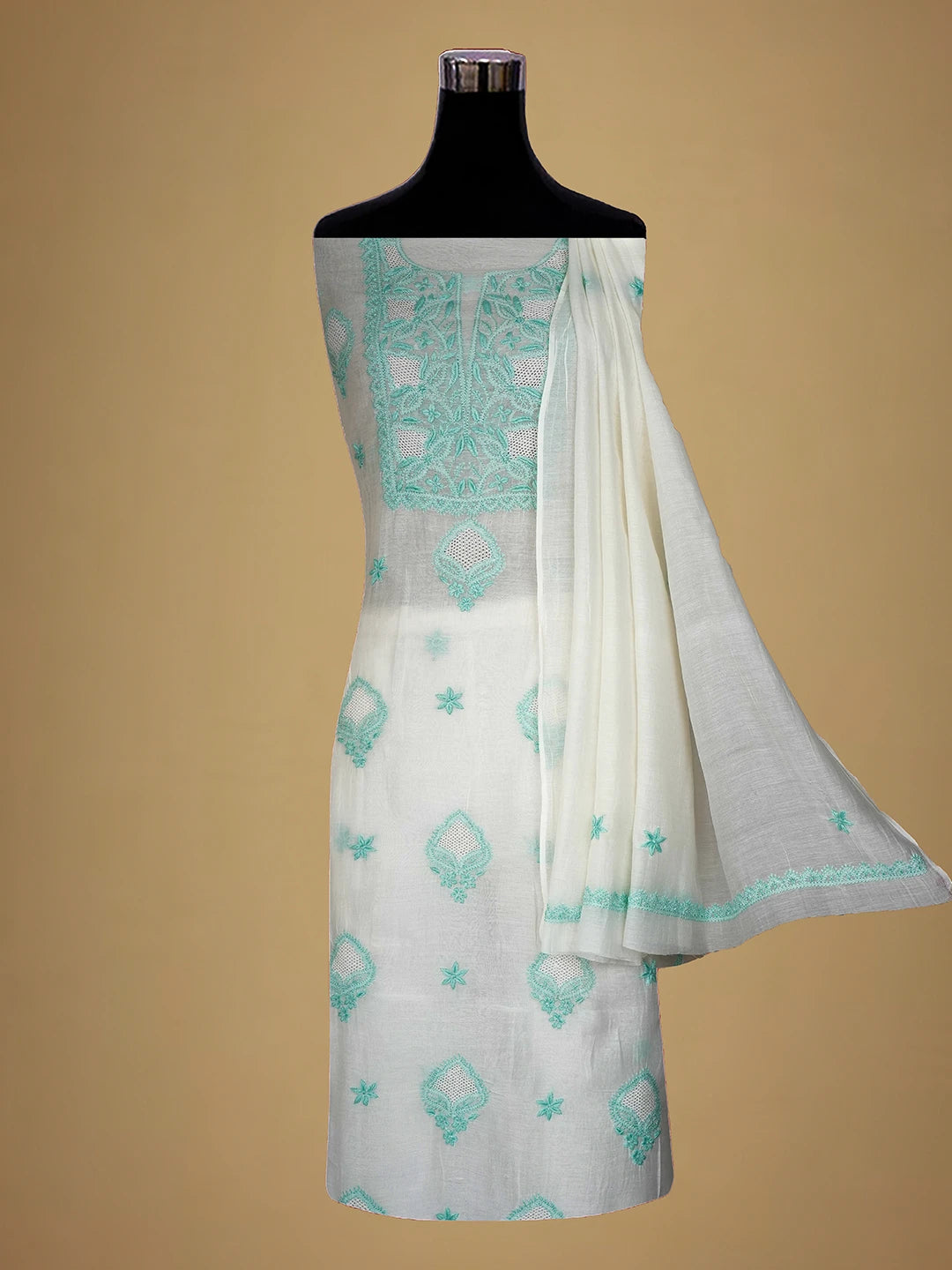 Ada Hand Embroidered White Baby powder Chanderi Lucknowi Chikankari Unstitched Kurta Dupatta Set 01A708659