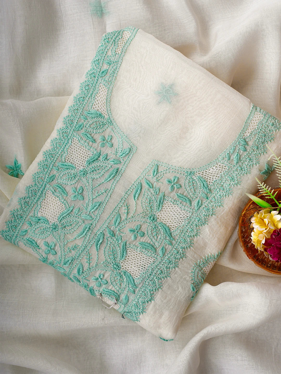 Ada Hand Embroidered White Baby powder Chanderi Lucknowi Chikankari Unstitched Kurta Dupatta Set 01A708659