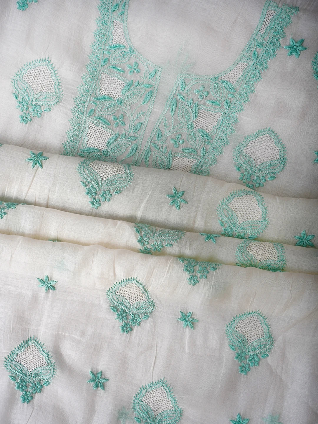Ada Hand Embroidered White Baby powder Chanderi Lucknowi Chikankari Unstitched Kurta Dupatta Set 01A708659