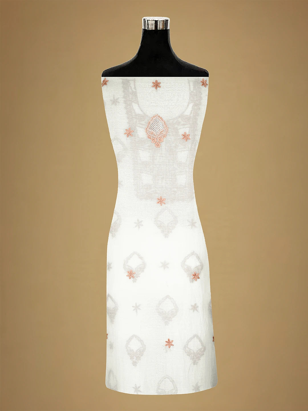 Ada Hand Embroidered White Baby powder Chanderi Lucknowi Chikankari Unstitched Kurta Dupatta Set 01A708670