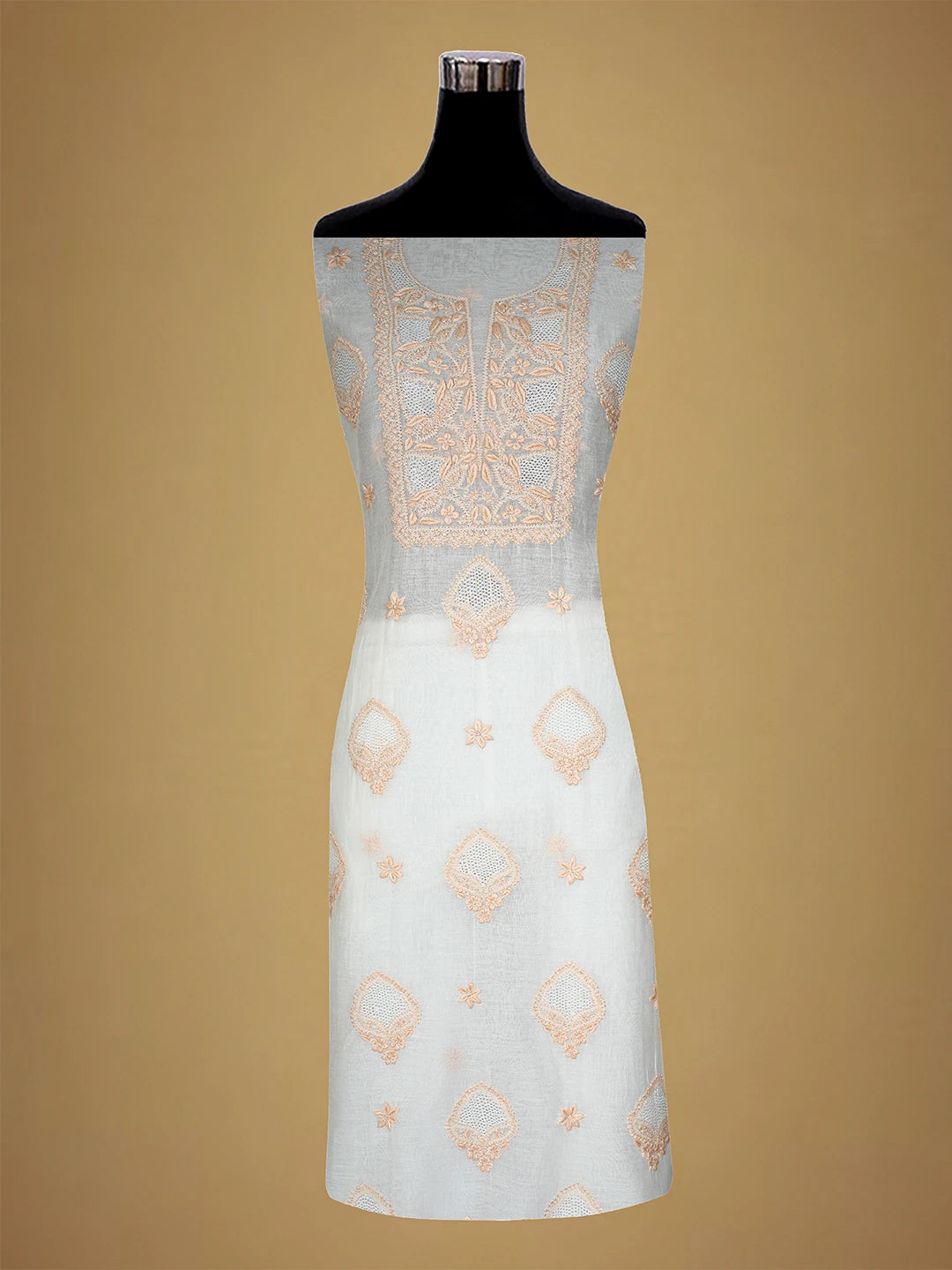 Ada Hand Embroidered White Baby powder Chanderi Lucknowi Chikankari Unstitched Kurta Dupatta Set 01A708670