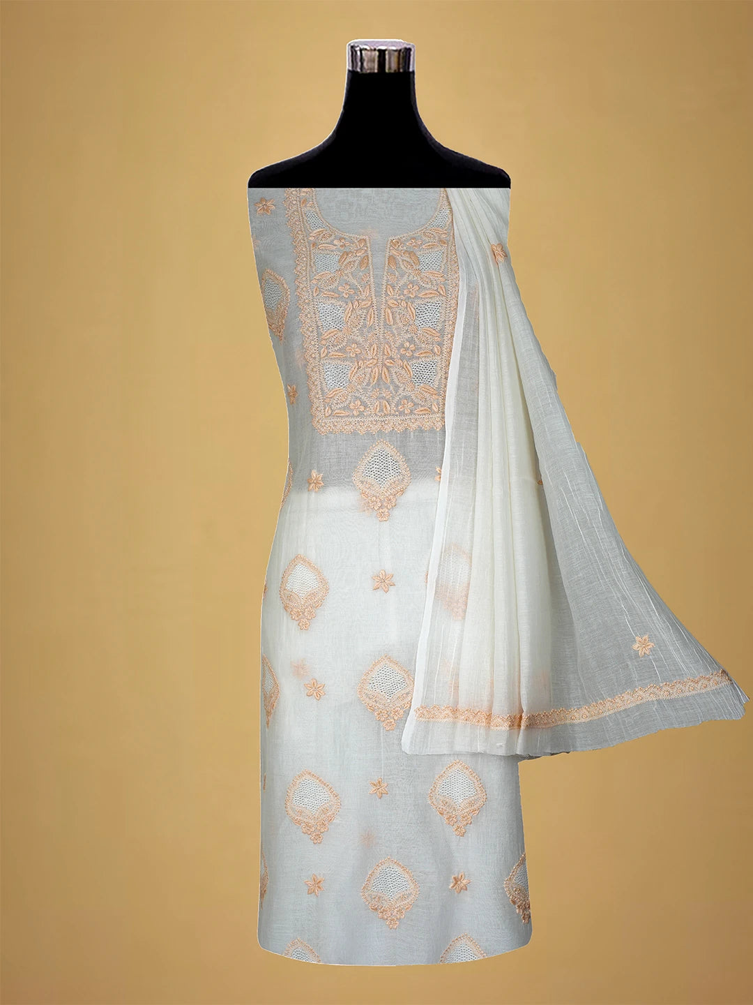 Ada Hand Embroidered White Baby powder Chanderi Lucknowi Chikankari Unstitched Kurta Dupatta Set 01A708670