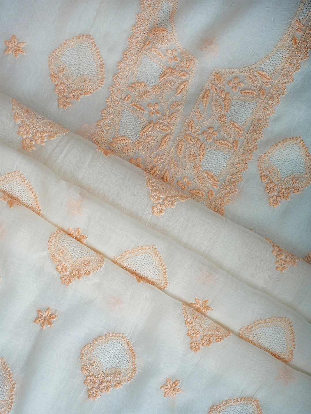 Ada Hand Embroidered White Baby powder Chanderi Lucknowi Chikankari Unstitched Kurta Dupatta Set 01A708670