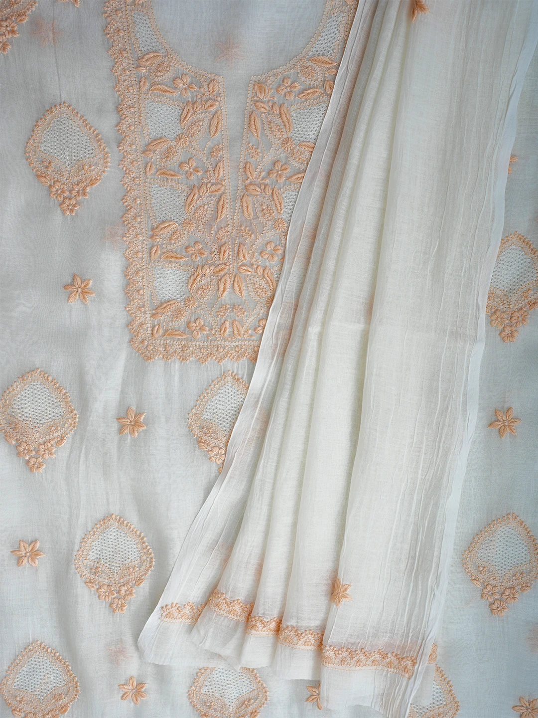 Ada Hand Embroidered White Baby powder Chanderi Lucknowi Chikankari Unstitched Kurta Dupatta Set 01A708670