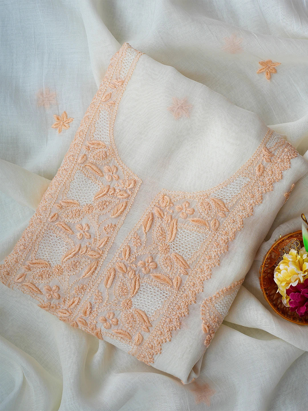 Ada Hand Embroidered White Baby powder Chanderi Lucknowi Chikankari Unstitched Kurta Dupatta Set 01A708670