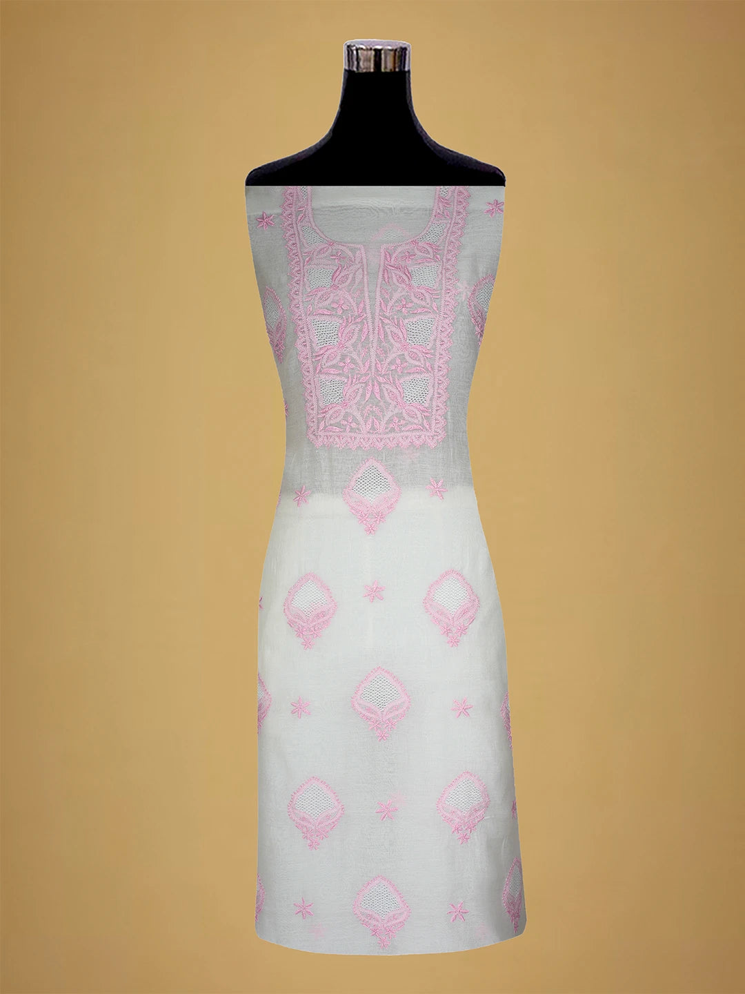 Ada Hand Embroidered White Chanderi Lucknowi Chikankari Unstitched Kurta Dupatta Set 01A708656