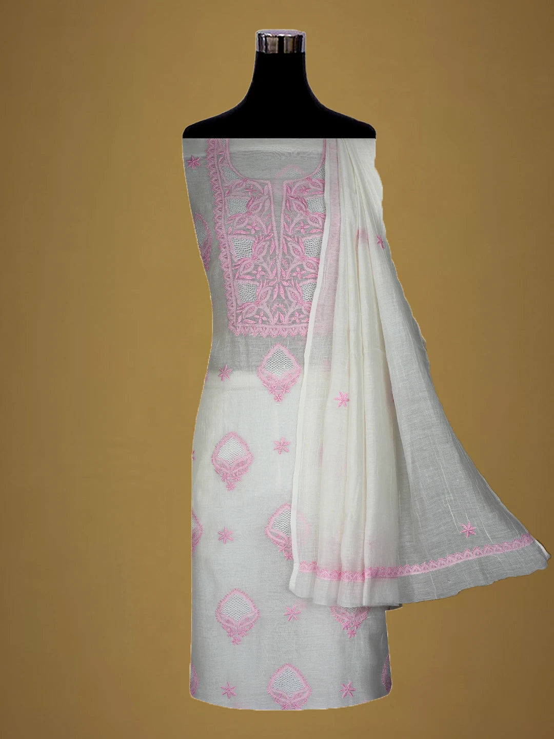 Ada Hand Embroidered White Chanderi Lucknowi Chikankari Unstitched Kurta Dupatta Set 01A708656