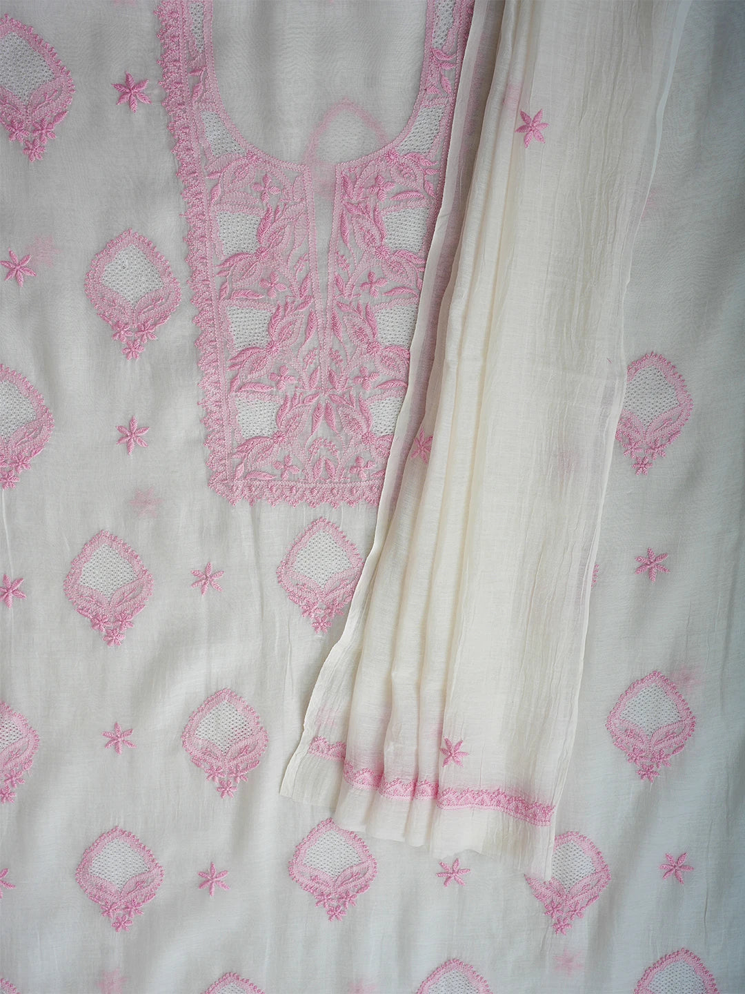Ada Hand Embroidered White Chanderi Lucknowi Chikankari Unstitched Kurta Dupatta Set 01A708656