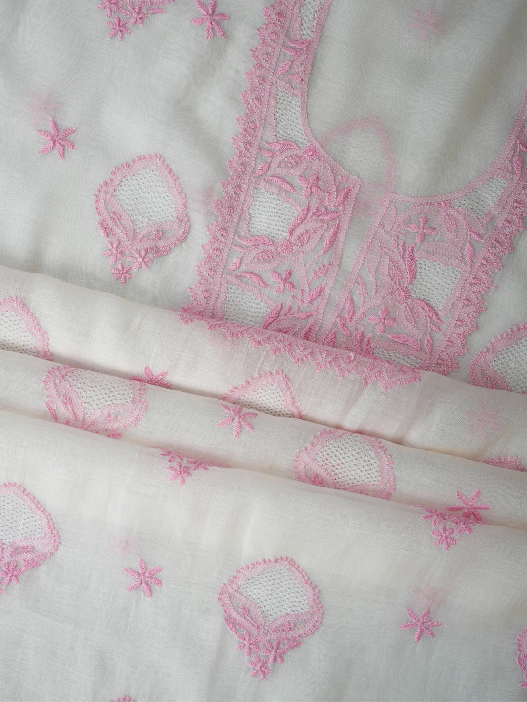 Ada Hand Embroidered White Chanderi Lucknowi Chikankari Unstitched Kurta Dupatta Set 01A708656