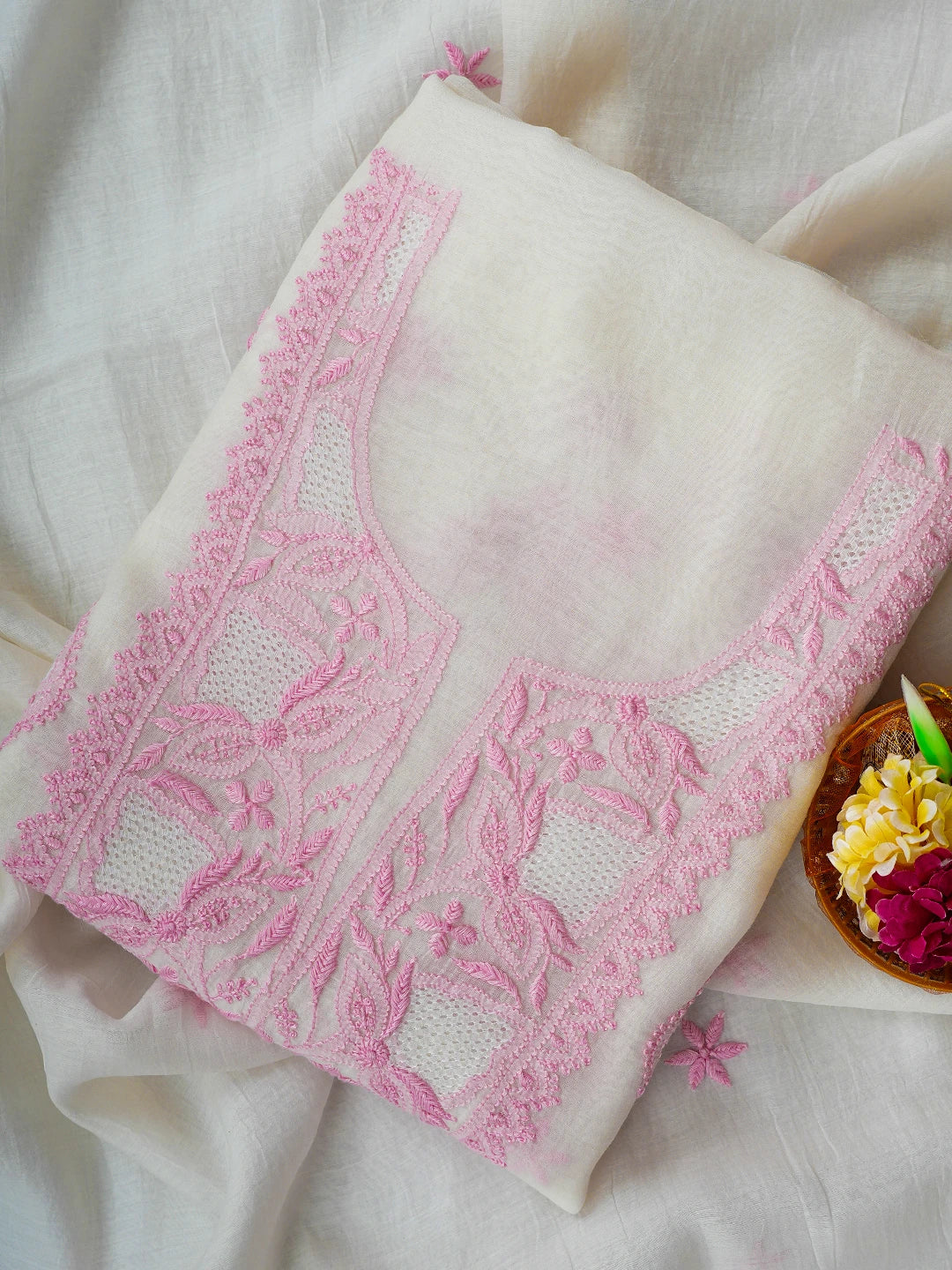 Ada Hand Embroidered White Chanderi Lucknowi Chikankari Unstitched Kurta Dupatta Set 01A708656