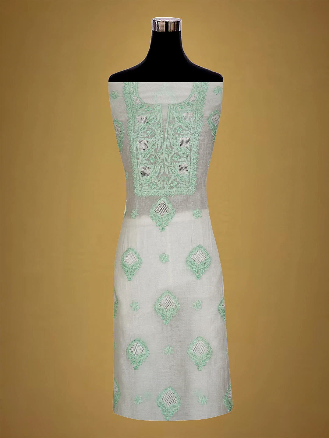 Ada Hand Embroidered White Chanderi Lucknowi Chikankari Unstitched Kurta Dupatta Set 01A708652