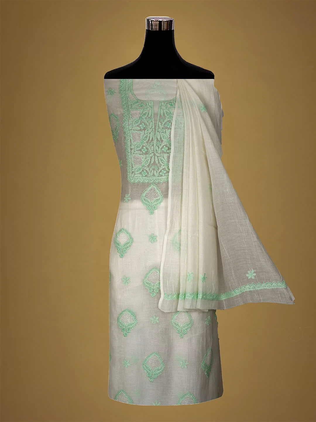 Ada Hand Embroidered White Chanderi Lucknowi Chikankari Unstitched Kurta Dupatta Set 01A708652
