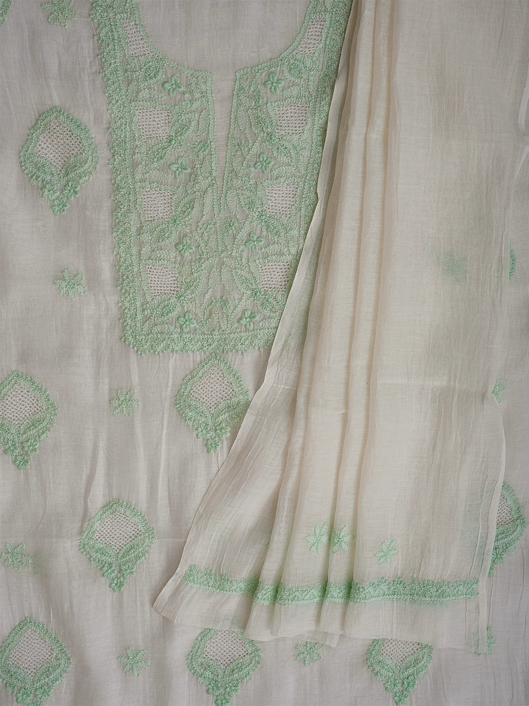 Ada Hand Embroidered White Chanderi Lucknowi Chikankari Unstitched Kurta Dupatta Set 01A708652