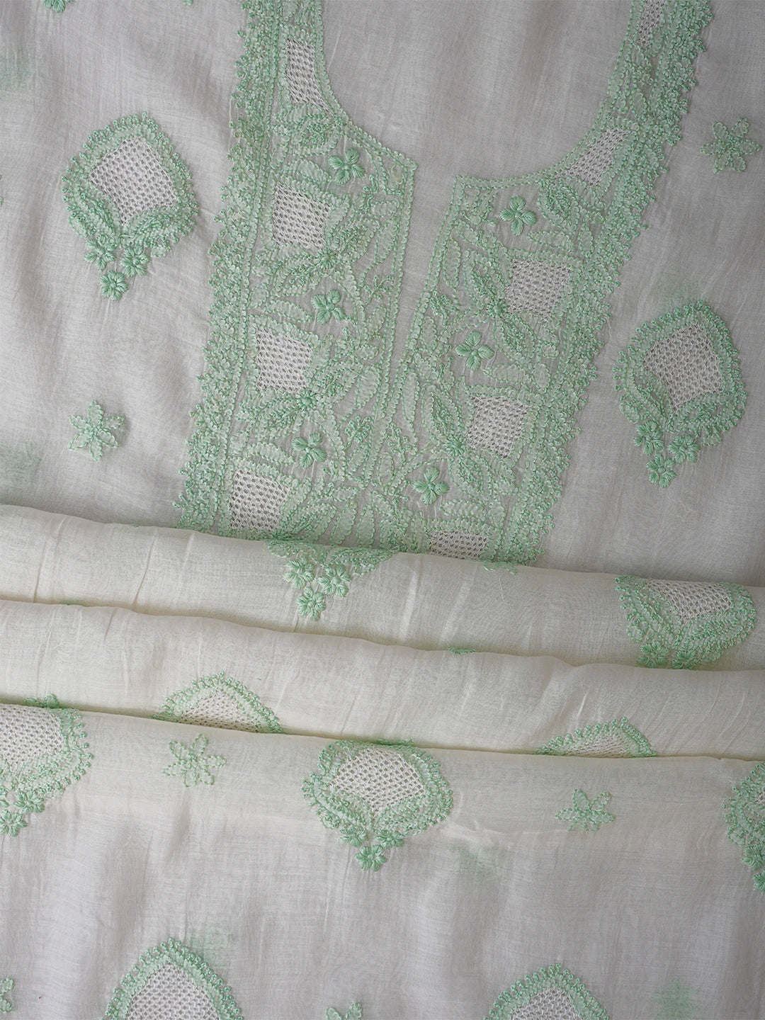 Ada Hand Embroidered White Chanderi Lucknowi Chikankari Unstitched Kurta Dupatta Set 01A708652