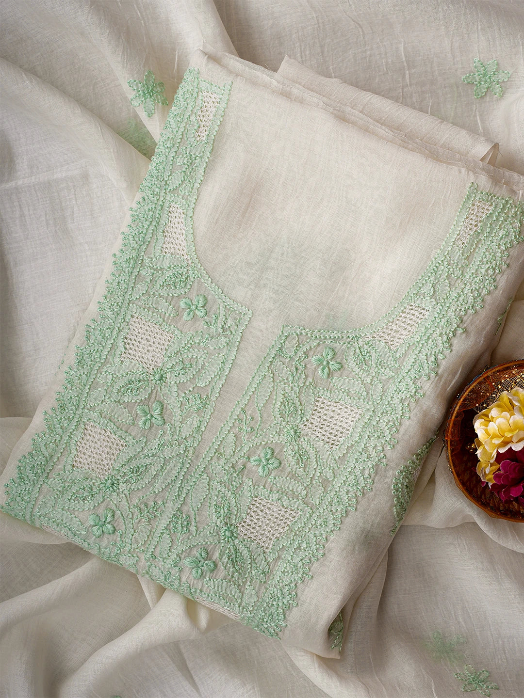 Ada Hand Embroidered White Chanderi Lucknowi Chikankari Unstitched Kurta Dupatta Set 01A708652
