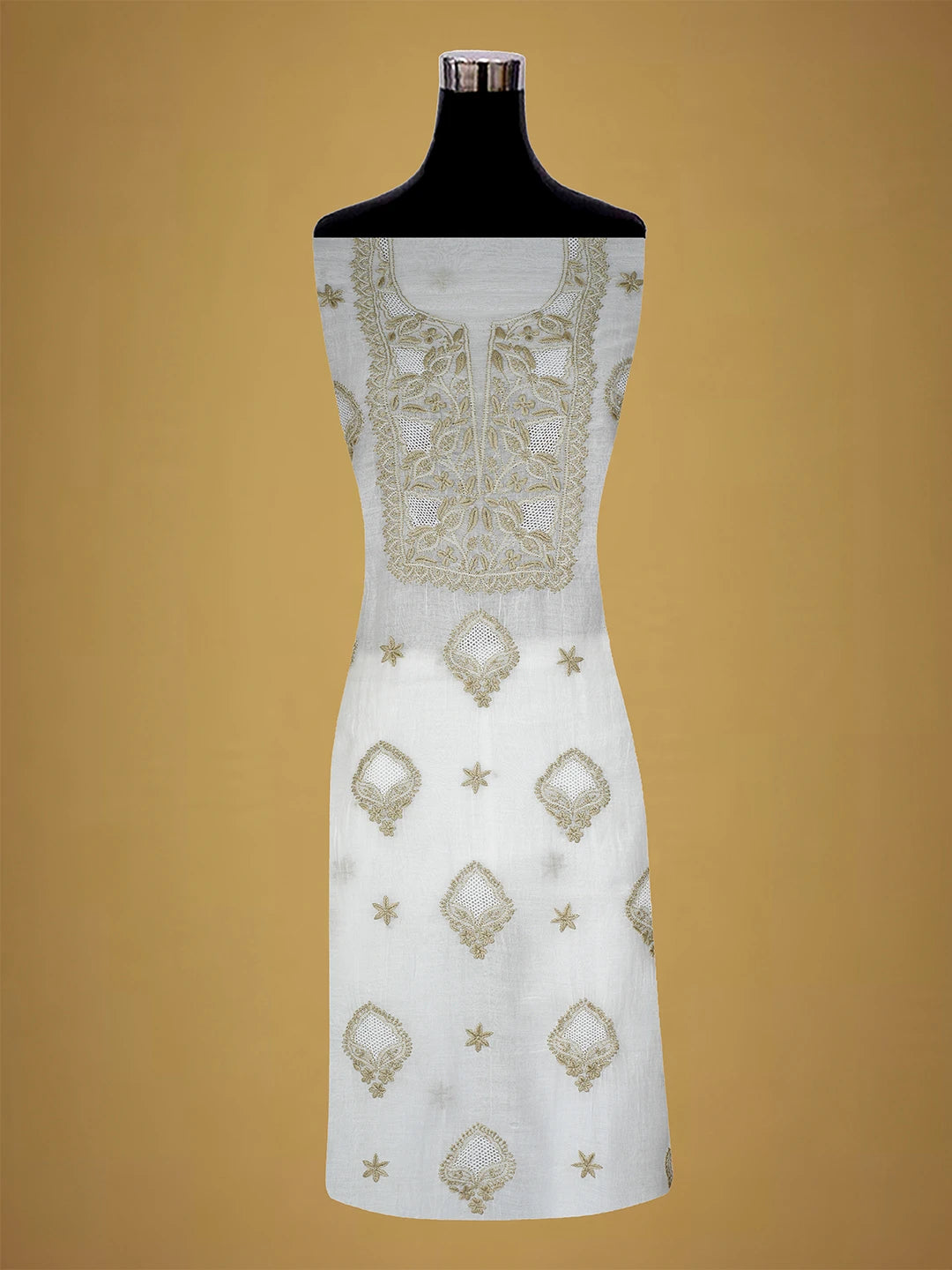 Ada Hand Embroidered White Seashell Chanderi Lucknowi Chikankari Unstitched Kurta Dupatta Set 01A708669