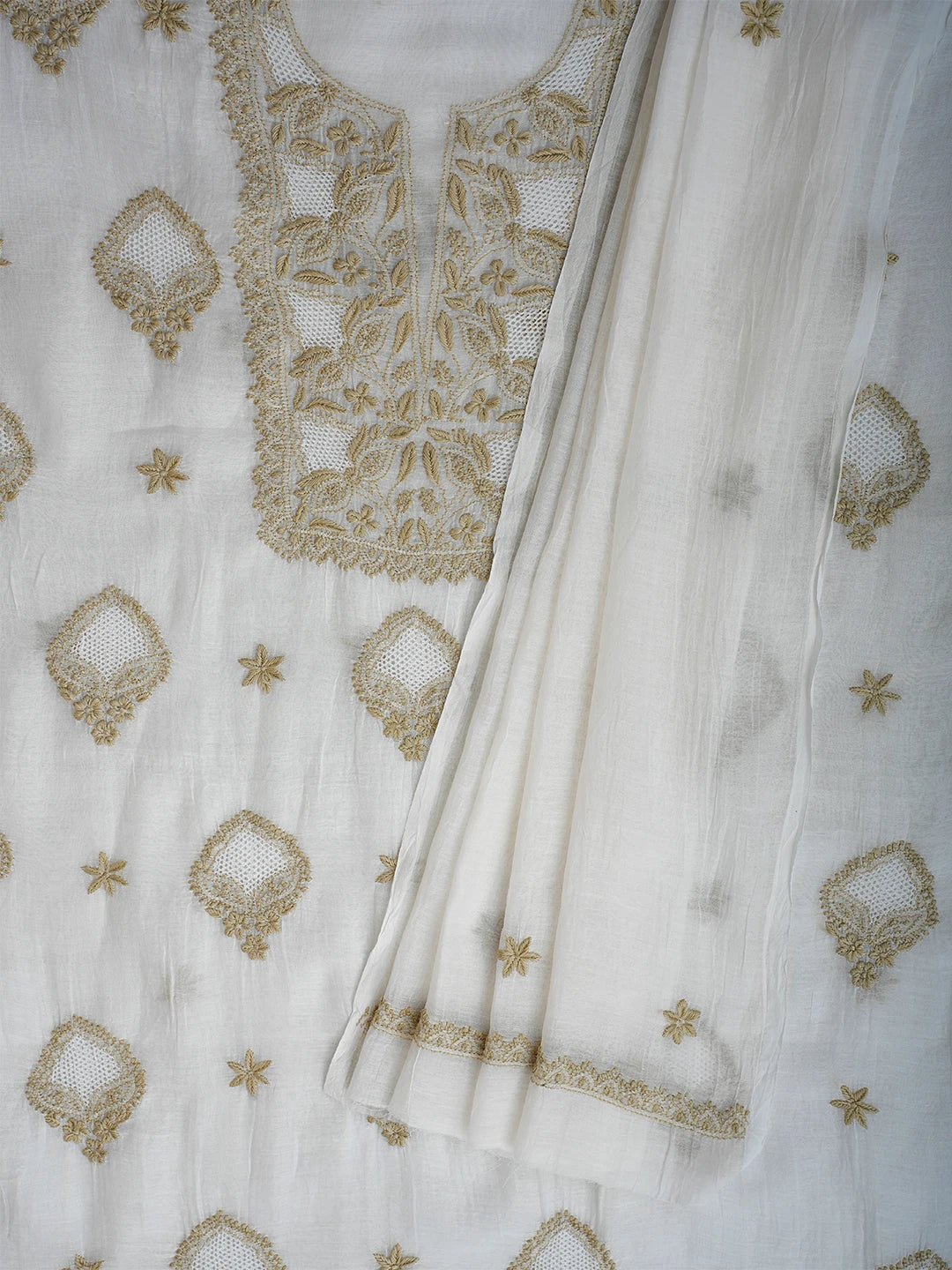 Ada Hand Embroidered White Seashell Chanderi Lucknowi Chikankari Unstitched Kurta Dupatta Set 01A708669
