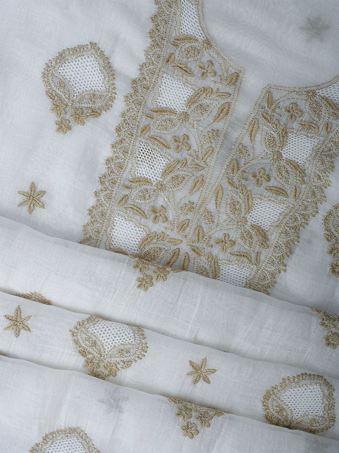Ada Hand Embroidered White Seashell Chanderi Lucknowi Chikankari Unstitched Kurta Dupatta Set 01A708669