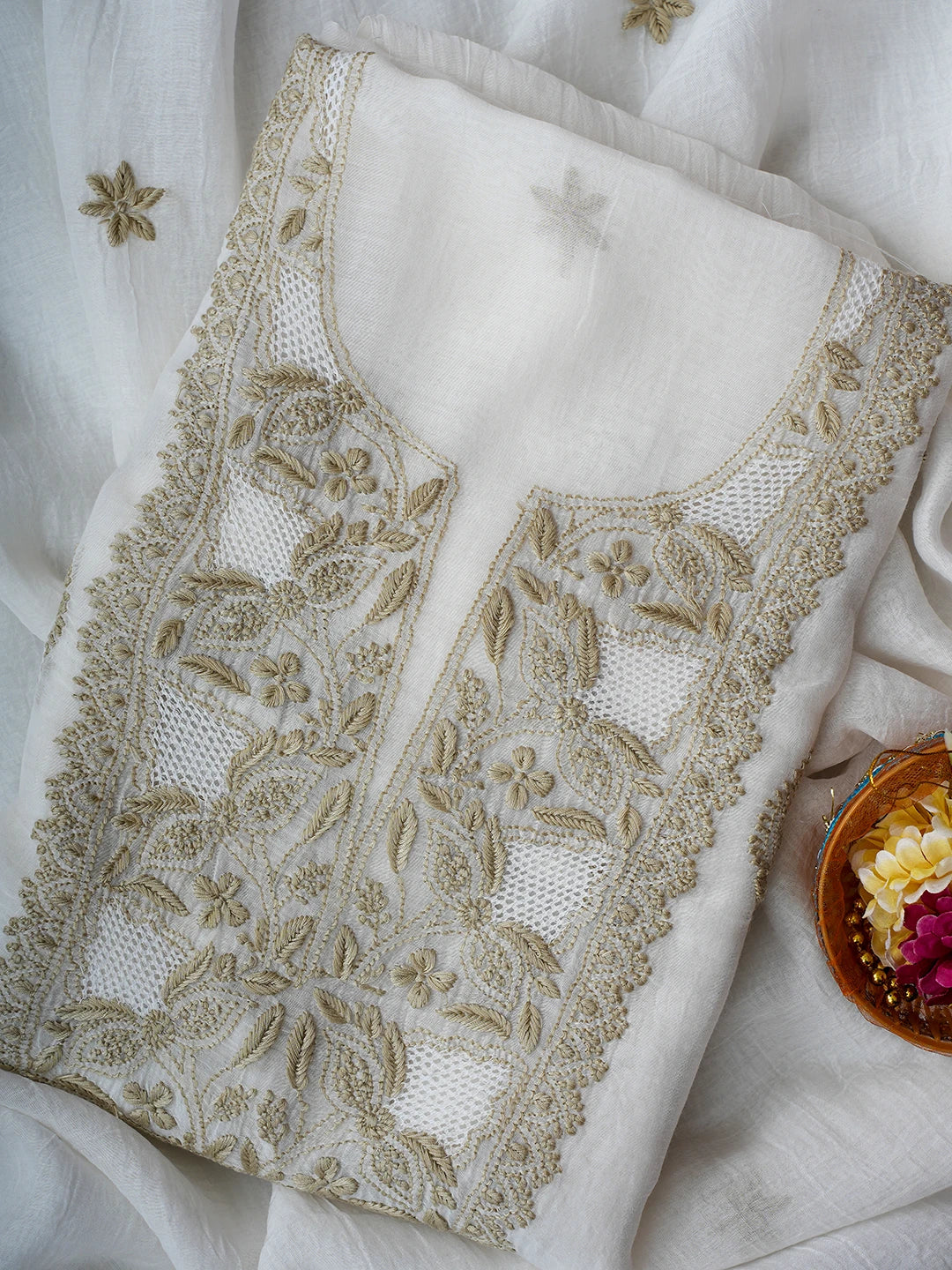 Ada Hand Embroidered White Seashell Chanderi Lucknowi Chikankari Unstitched Kurta Dupatta Set 01A708669