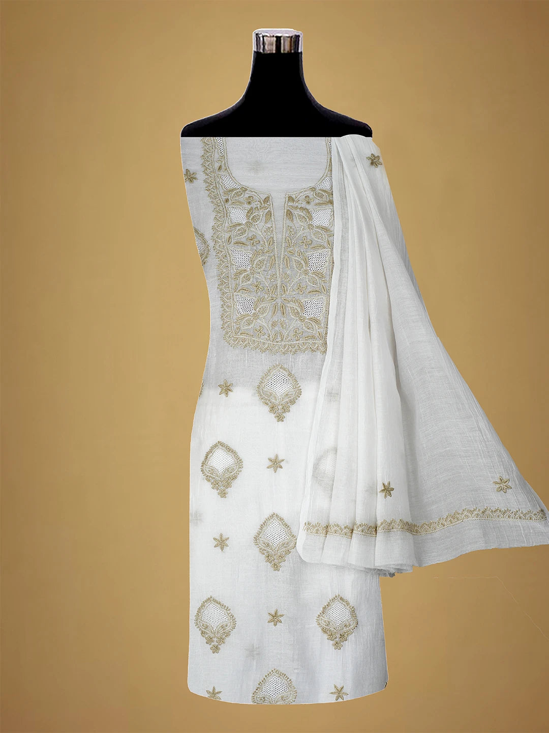 Ada Hand Embroidered White Seashell Chanderi Lucknowi Chikankari Unstitched Kurta Dupatta Set 01A708669