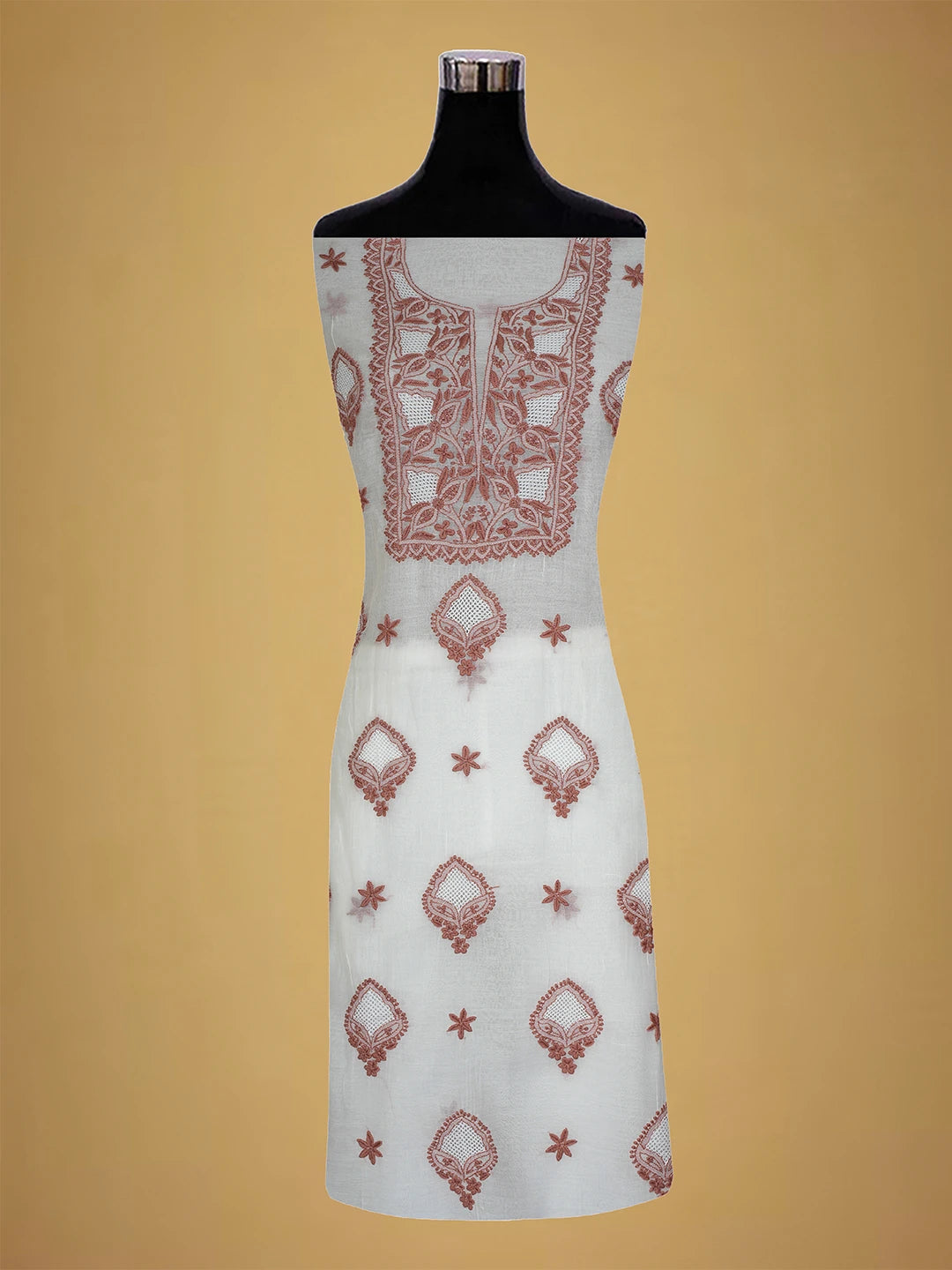 Ada Hand Embroidered White Seashell Chanderi Lucknowi Chikankari Unstitched Kurta Dupatta Set 01A708661