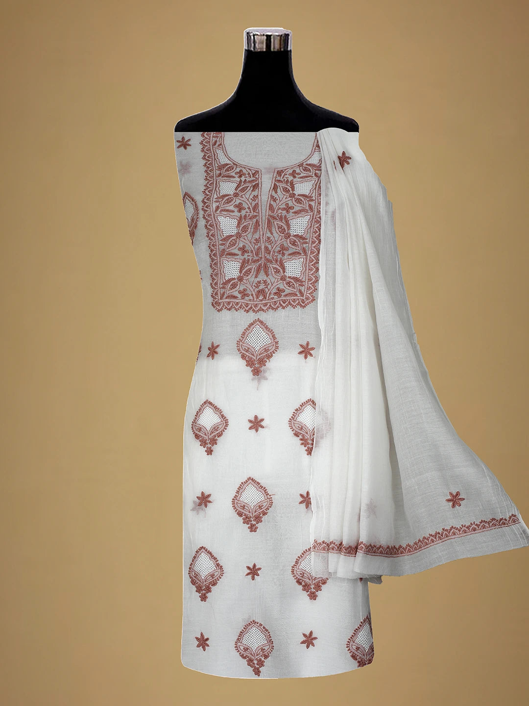Ada Hand Embroidered White Seashell Chanderi Lucknowi Chikankari Unstitched Kurta Dupatta Set 01A708661
