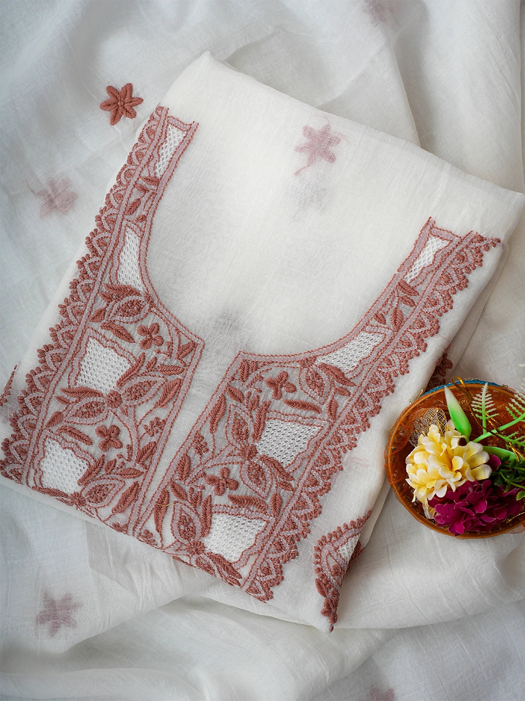 Ada Hand Embroidered White Seashell Chanderi Lucknowi Chikankari Unstitched Kurta Dupatta Set 01A708661