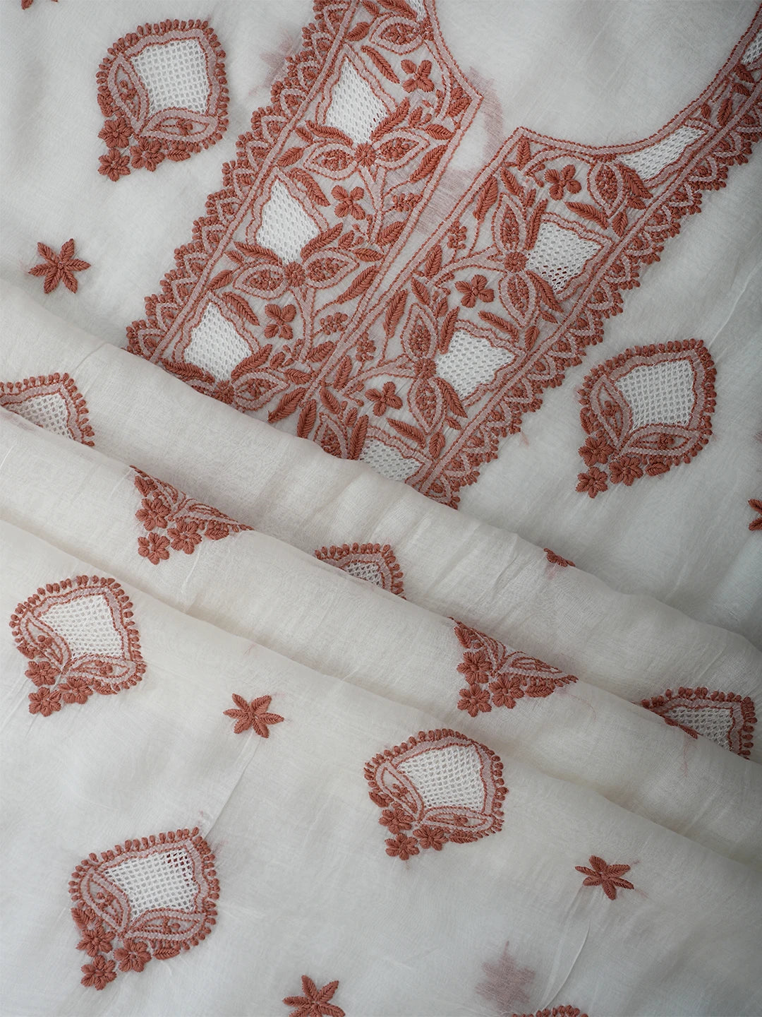 Ada Hand Embroidered White Seashell Chanderi Lucknowi Chikankari Unstitched Kurta Dupatta Set 01A708661