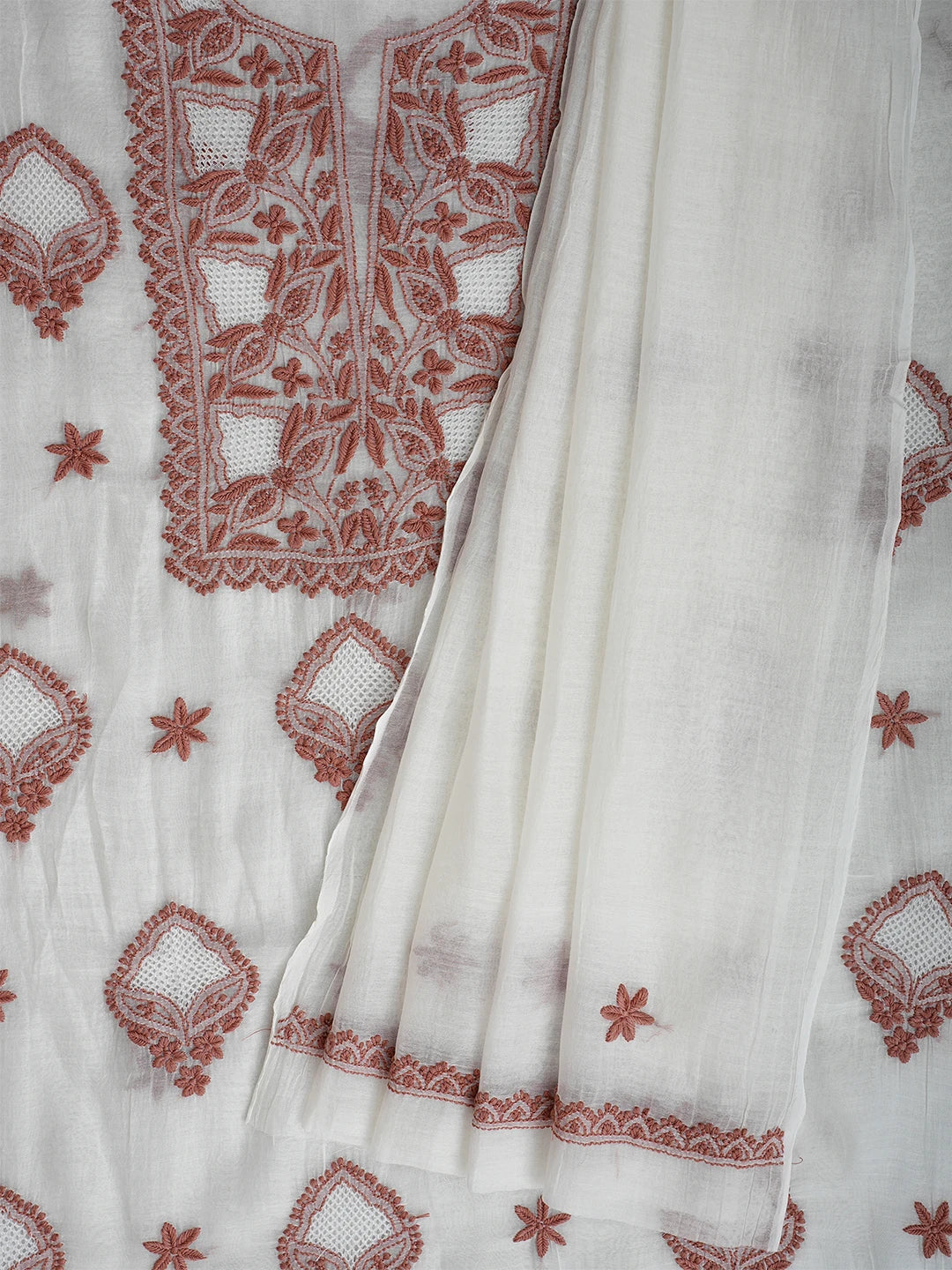 Ada Hand Embroidered White Seashell Chanderi Lucknowi Chikankari Unstitched Kurta Dupatta Set 01A708661