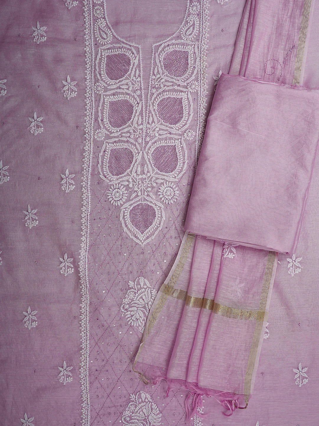 Ada Hand Embroidered Lavender Khadi Chanderi Lucknowi Chikankari Unstitched Suit Piece With Cutdana Work 01A709319