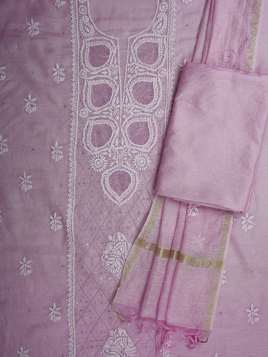 Ada Hand Embroidered Lavender Khadi Chanderi Lucknowi Chikankari Unstitched Suit Piece With Cutdana Work 01A709319