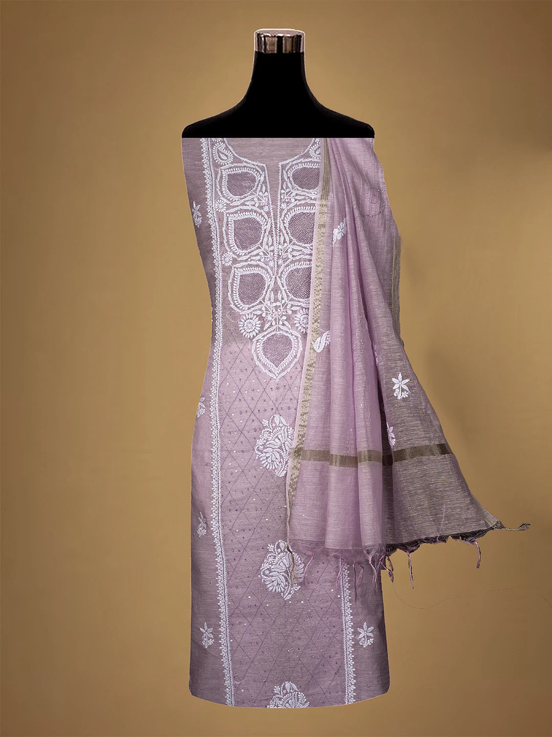 Ada Hand Embroidered Lavender Khadi Chanderi Lucknowi Chikankari Unstitched Suit Piece With Cutdana Work 01A709319