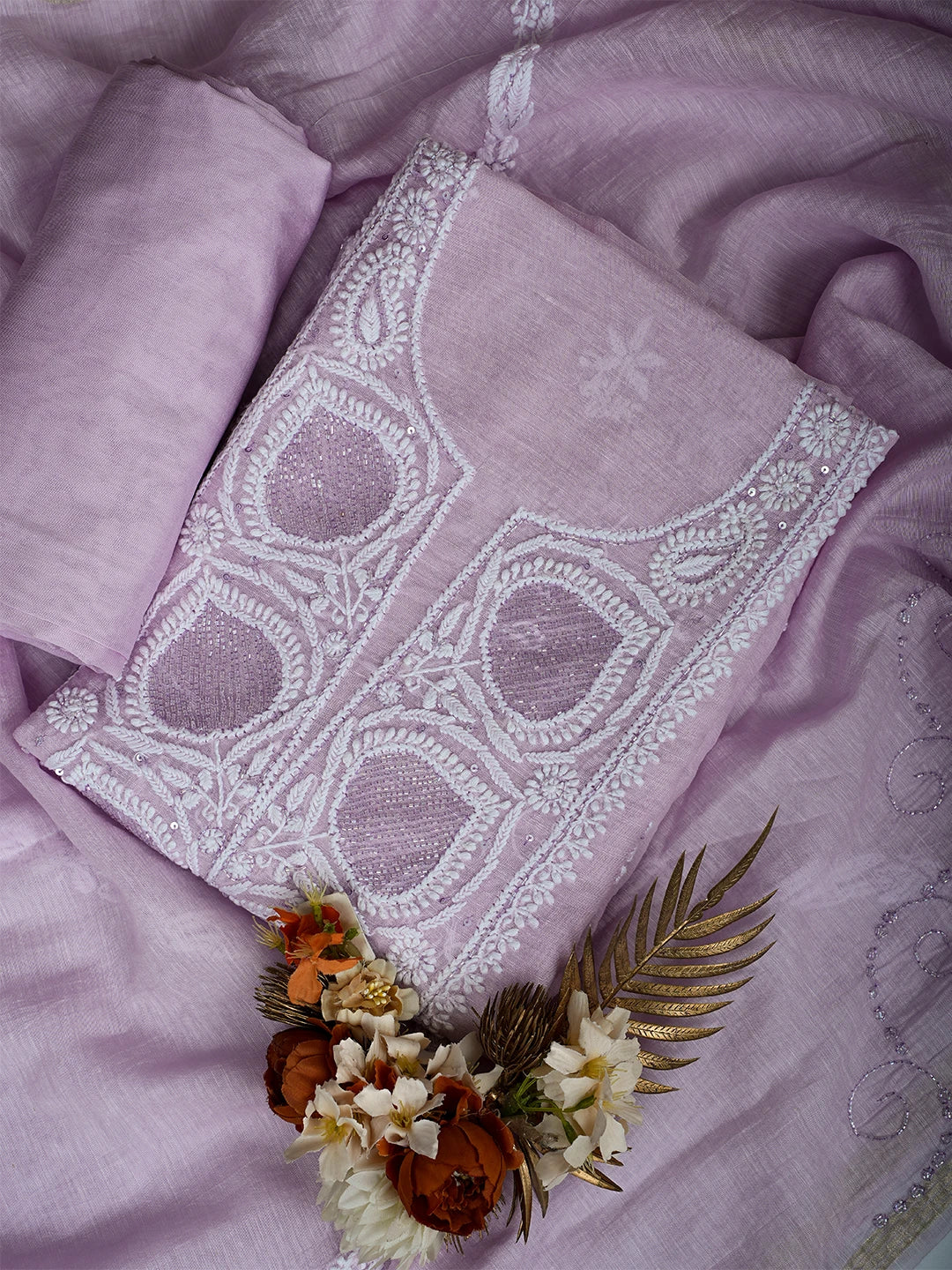 Ada Hand Embroidered Lavender Khadi Chanderi Lucknowi Chikankari Unstitched Suit Piece With Cutdana Work 01A709319