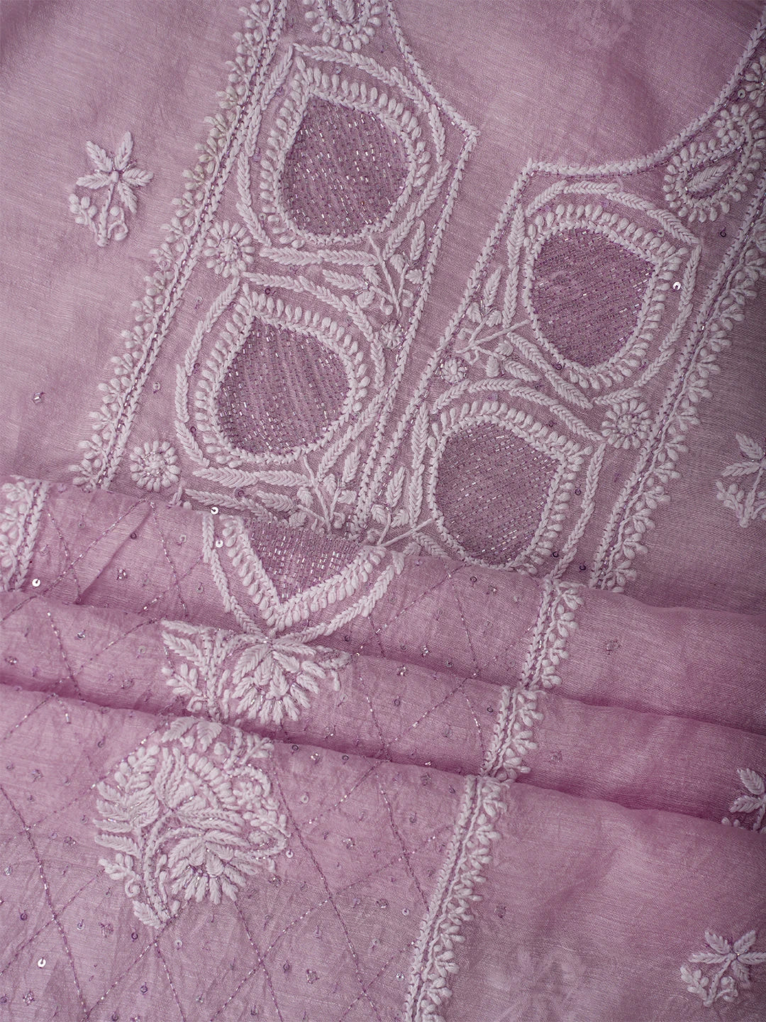 Ada Hand Embroidered Lavender Khadi Chanderi Lucknowi Chikankari Unstitched Suit Piece With Cutdana Work 01A709319