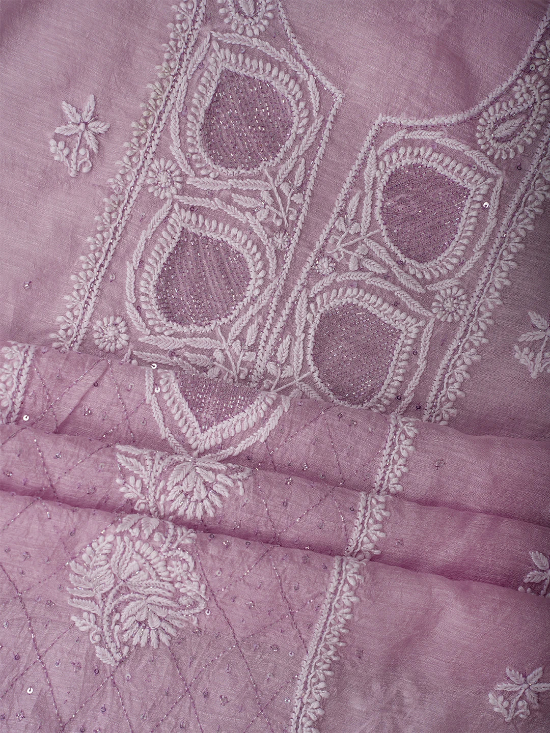 Ada Hand Embroidered Lavender Khadi Chanderi Lucknowi Chikankari Unstitched Suit Piece With Cutdana Work 01A709319