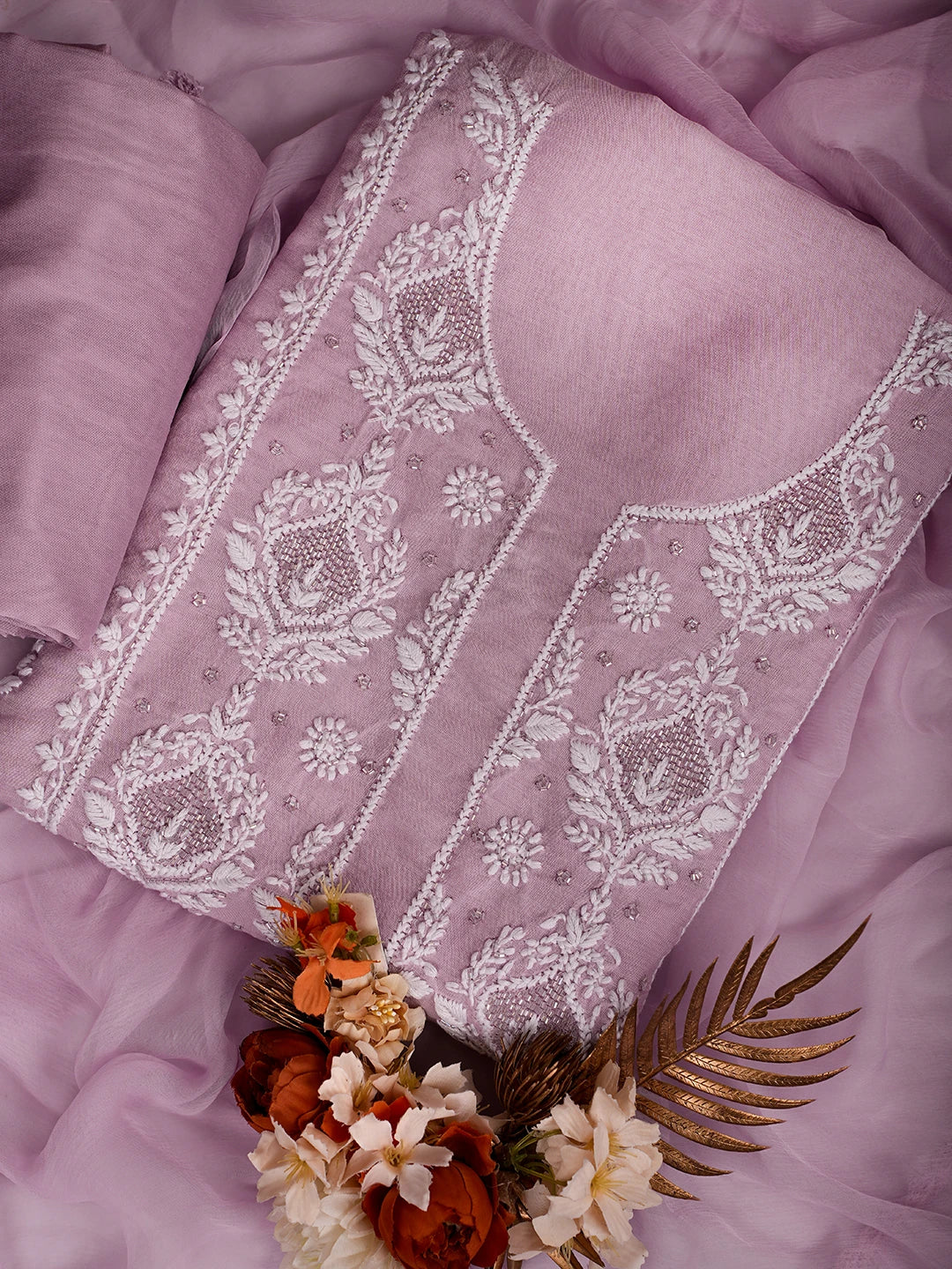 Ada Hand Embroidered Mauve Chanderi Lucknowi Chikankari Unstitched Suit Piece With Cutdana Work 01A709430