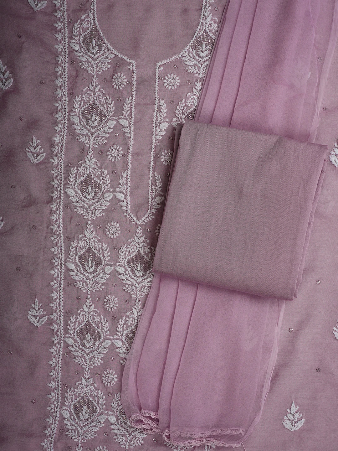 Ada Hand Embroidered Mauve Chanderi Lucknowi Chikankari Unstitched Suit Piece With Cutdana Work 01A709430