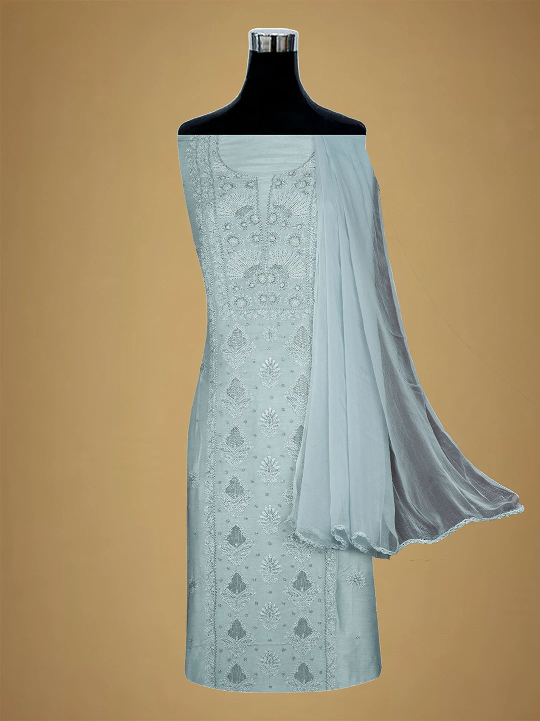 Ada Hand Embroidered Powder Blue Muslin Lucknowi Chikankari Unstitched Suit Piece With Cutdana Work 01A709418