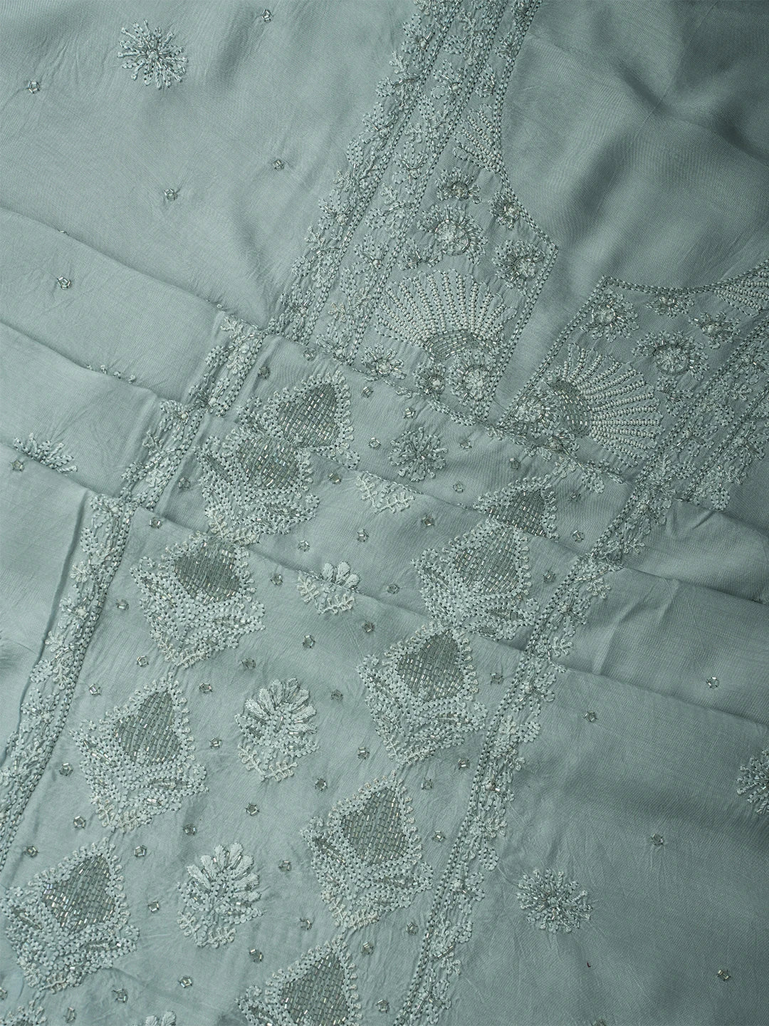 Ada Hand Embroidered Powder Blue Muslin Lucknowi Chikankari Unstitched Suit Piece With Cutdana Work 01A709418