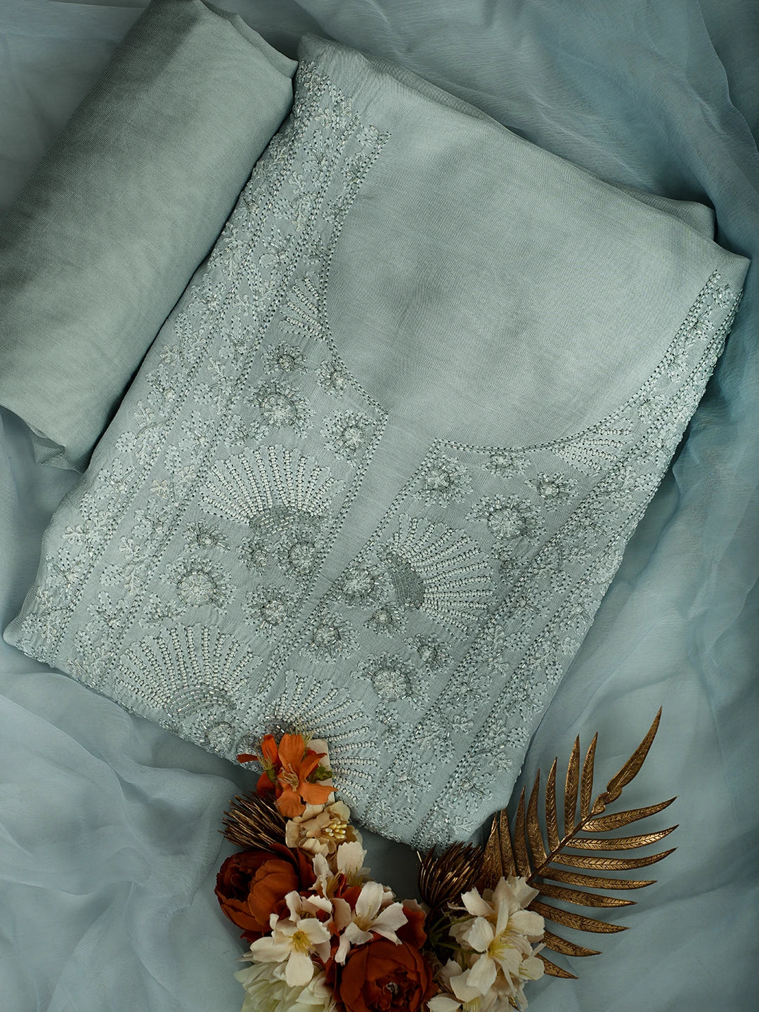 Ada Hand Embroidered Powder Blue Muslin Lucknowi Chikankari Unstitched Suit Piece With Cutdana Work 01A709418