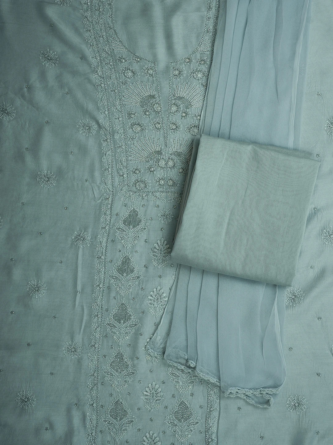 Ada Hand Embroidered Powder Blue Muslin Lucknowi Chikankari Unstitched Suit Piece With Cutdana Work 01A709418