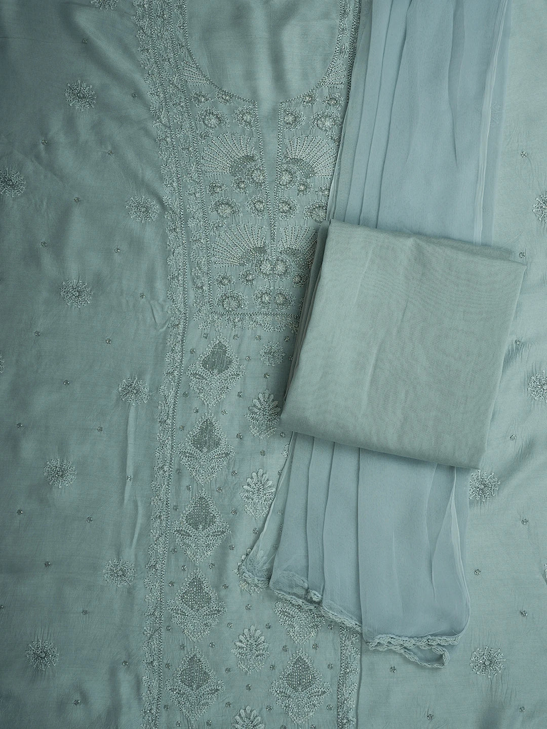 Ada Hand Embroidered Powder Blue Muslin Lucknowi Chikankari Unstitched Suit Piece With Cutdana Work 01A709418