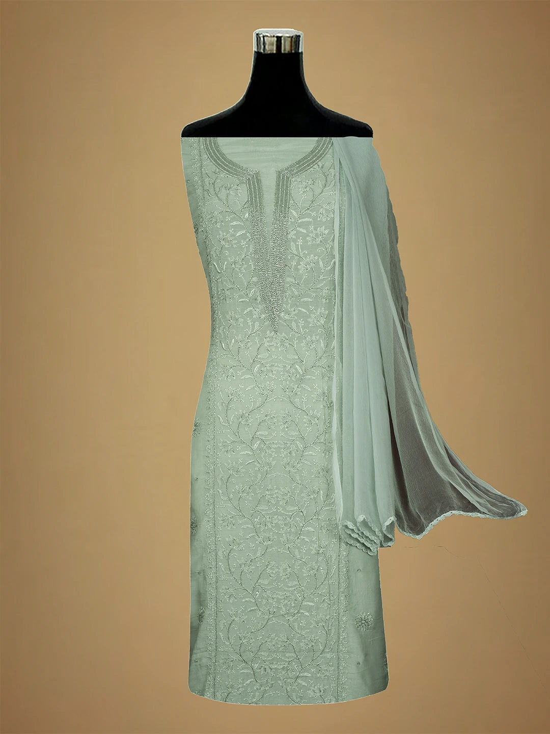 Ada Hand Embroidered Pista Green Muslin Lucknowi Chikankari Unstitched Suit Piece With Cutdana Work 01A709484