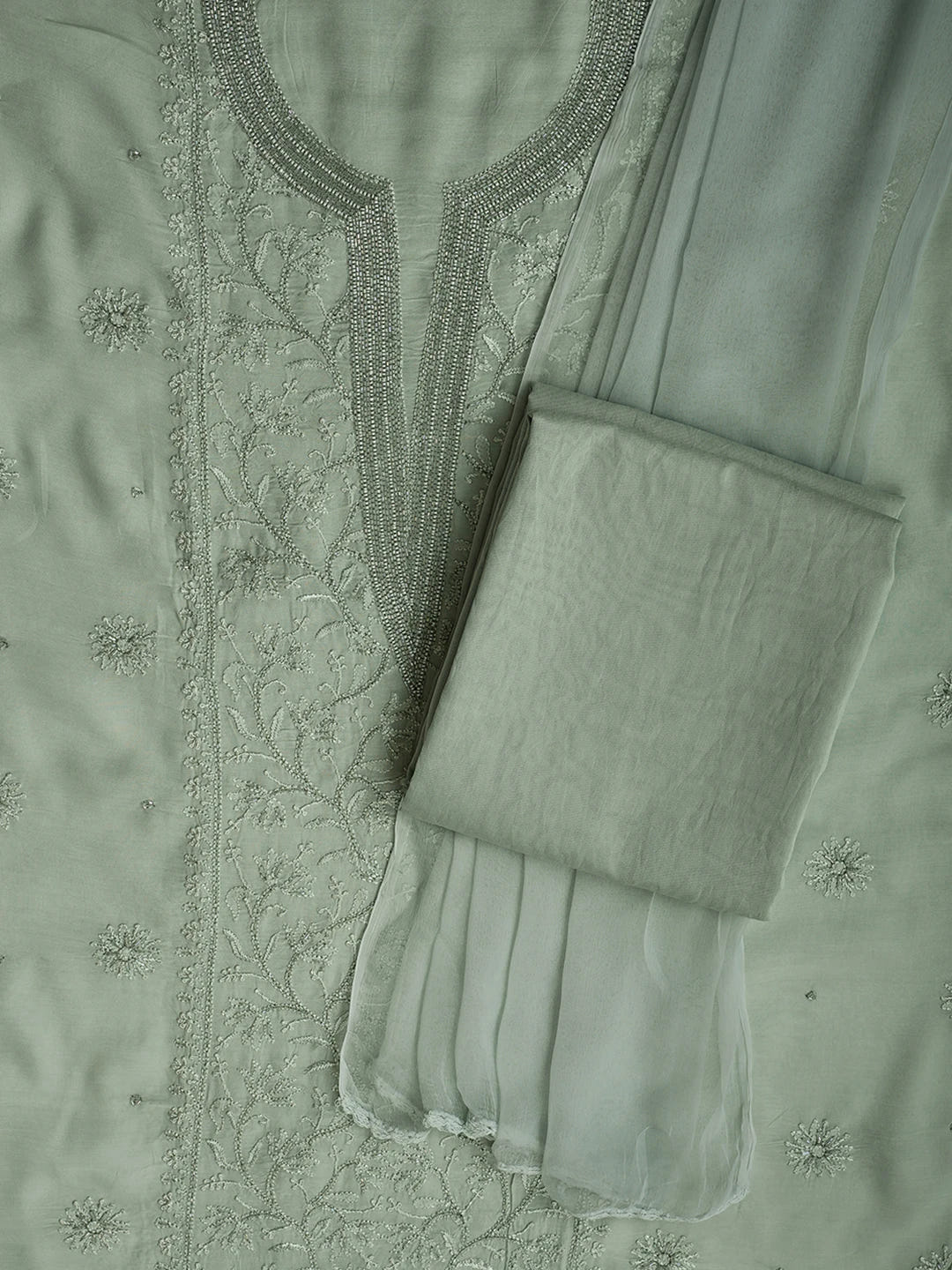 Ada Hand Embroidered Pista Green Muslin Lucknowi Chikankari Unstitched Suit Piece With Cutdana Work 01A709484
