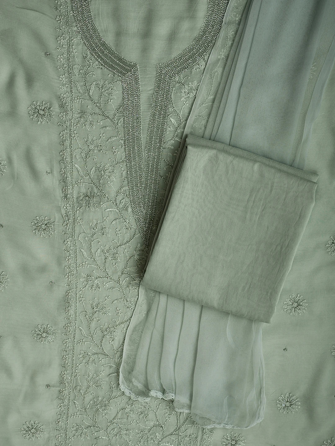 Ada Hand Embroidered Pista Green Muslin Lucknowi Chikankari Unstitched Suit Piece With Cutdana Work 01A709484