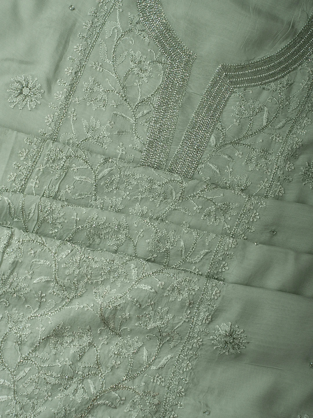 Ada Hand Embroidered Pista Green Muslin Lucknowi Chikankari Unstitched Suit Piece With Cutdana Work 01A709484