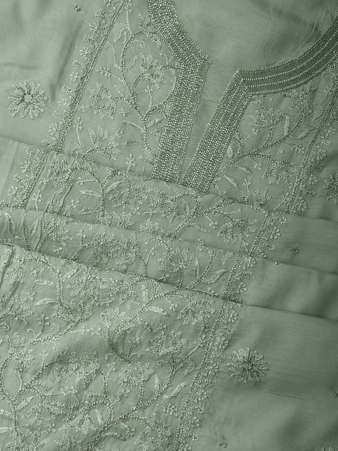 Ada Hand Embroidered Pista Green Muslin Lucknowi Chikankari Unstitched Suit Piece With Cutdana Work 01A709484
