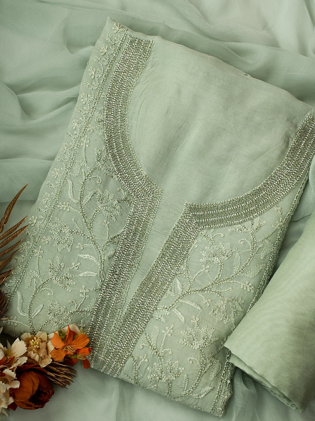 Ada Hand Embroidered Pista Green Muslin Lucknowi Chikankari Unstitched Suit Piece With Cutdana Work 01A709484