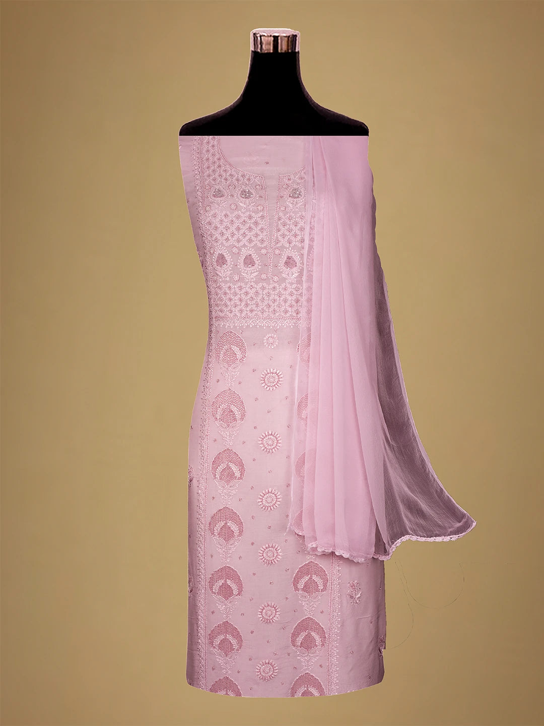 Ada Hand Embroidered Carnation Pink Muslin Lucknowi Chikankari Unstitched Kurta Dupatta Set With Cutdana Work 01A709328